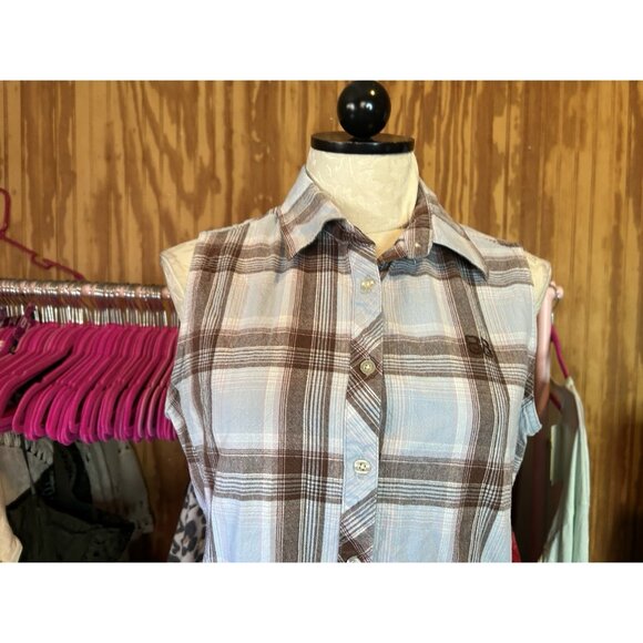 Bit & Bridle Turquoise Plaid Sleeveless Collar Button Down Equestrian Western L - Picture 3 of 8